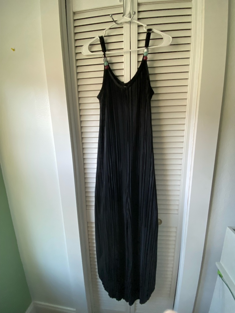 Absolutely Famous Black Pleated Jumpsuit with Bead-Trim Straps